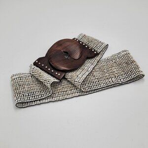 Vtg  Wooden Clasp Boho Southwestern  Beaded Teak Wood Accents Stretchy Belt